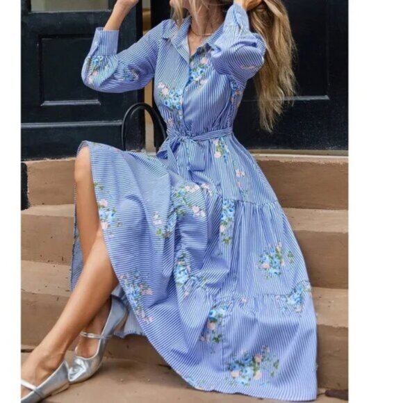 Boho Floral Print Stripes Half Button Belted Ruffle Hem Long Sleeve Dress - Picture 1 of 7